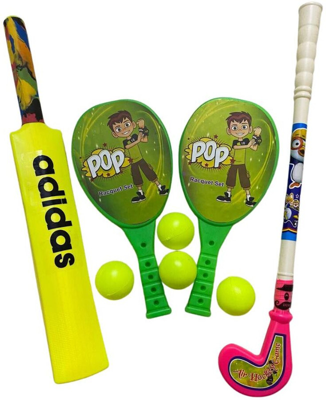 Prapti Mart lastic Bat Racket Hockey Combo For Kids Sports Outdoor Toys Cricket Tennis Cricket Bat
