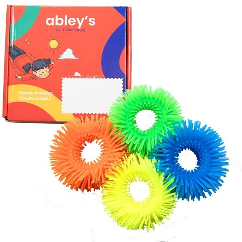 abley's Sensory Fuzzy Stretchy Rings 4-Pack - Tactile Bracelets Frisbie & Boomerang