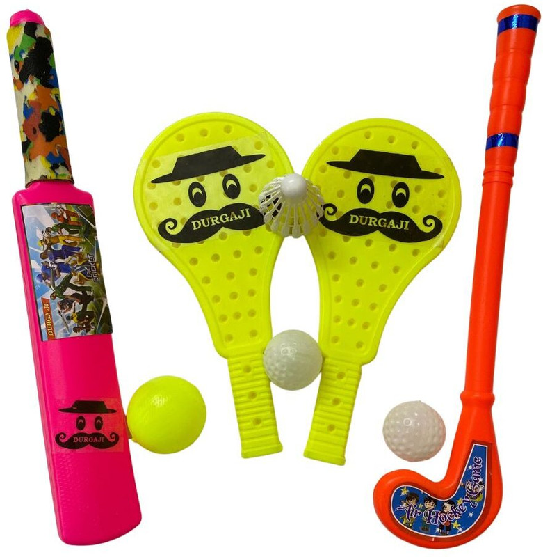 DURGA JI PLASTIC BAT BALL , HOCKEY & RACKET FOR KIDS SUPER COMBO - MULTICOLOUR (AGE 2+) Badminton
