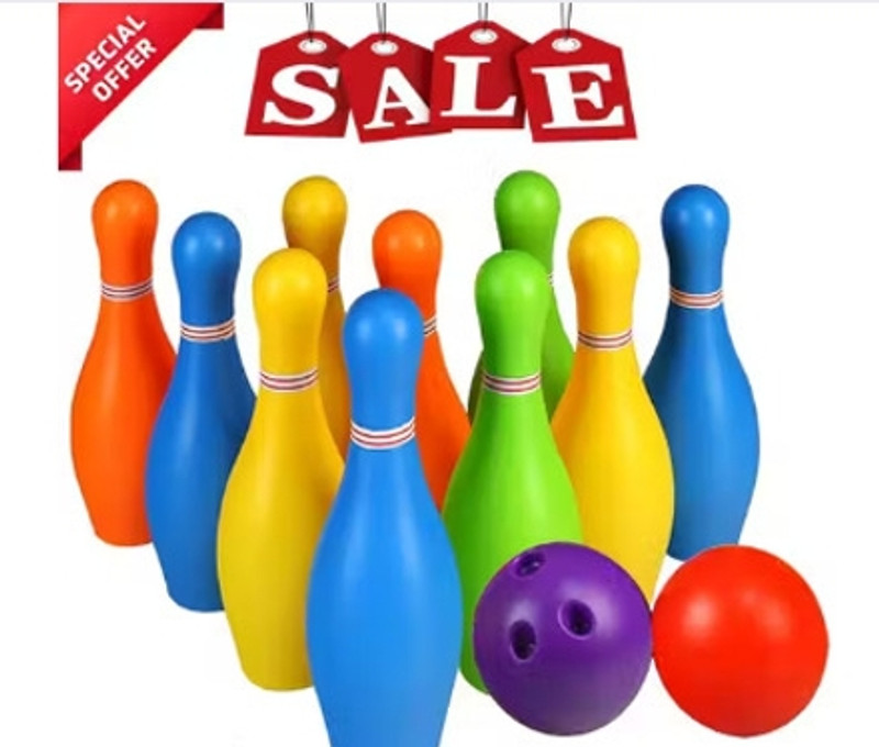 Plastoadda Premium 12-Pcs Kids Bowling Set - 10 Large Multicolor Pins and 2 Easy-Grip Balls Bowling