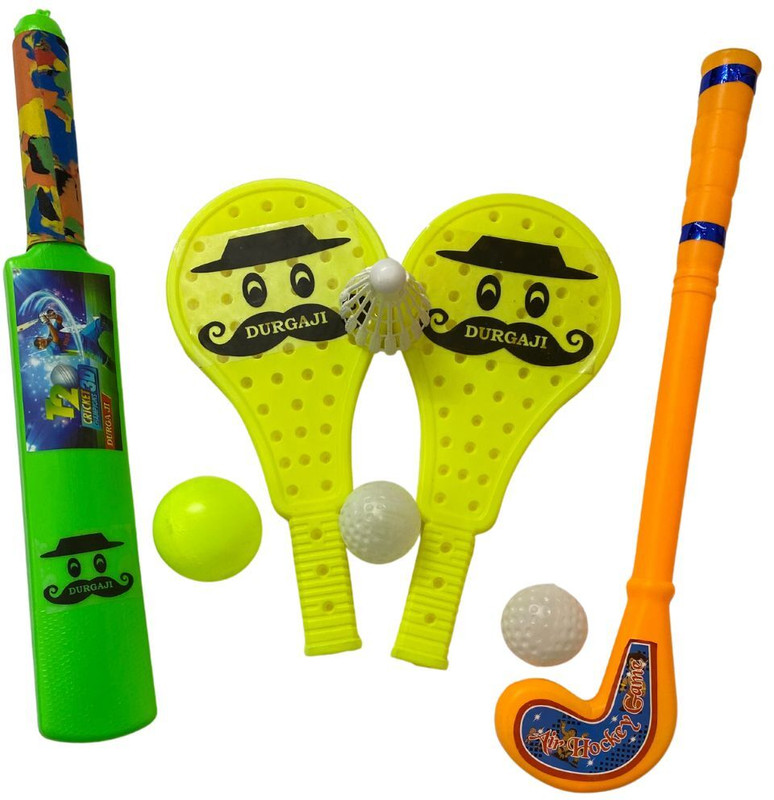 Prapti Mart JUNIOR BAT BALL & RACKET WITH HOCKEY FOR KIDS COMBO PACK - MULTICOLOUR AGE (2+) Badminton