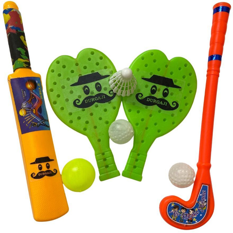 Prapti Mart Bat Ball Racket Hockey for Kids Indoor Outdoor Toys Age 2 + Cricket Ball