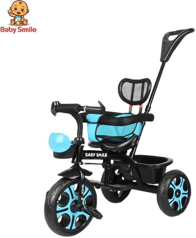 Baby Smile Tricycle with Parental Handle | back rest and Dual Storage Basket kids best tricycle for 2 year old Tricycle(Blue, Black)