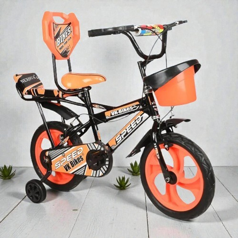 TOYSHOPPEE 14T KIDS BICYCLE WITH BASKET,BACK SEAT,TRAINING WHEEL back support,steel frame cycle for baby boys&baby girls Tricycle(Orange)