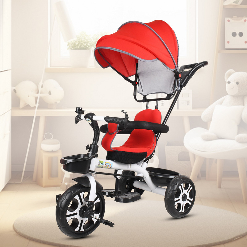 NEXOVA Canopy Tricycle with Soft Seat,Storage Basket,Parental Push Handle,Bell Kids Best Canopy Tricycle Red::White Tricycle(Red, White)