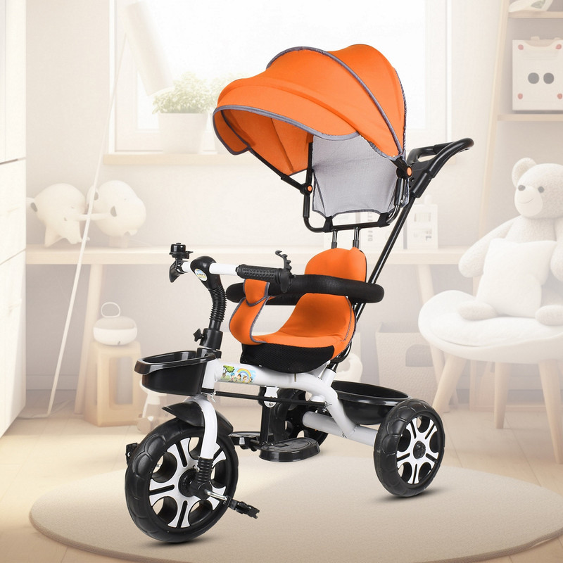 TOYSHOPPEE Kids Canopy Tricycle with Soft Seat,Front-Back Basket,Parental Push Handle,Bell Sefty Canopy Tricycle for Babys with New Colours Tricycle(Orange, White)