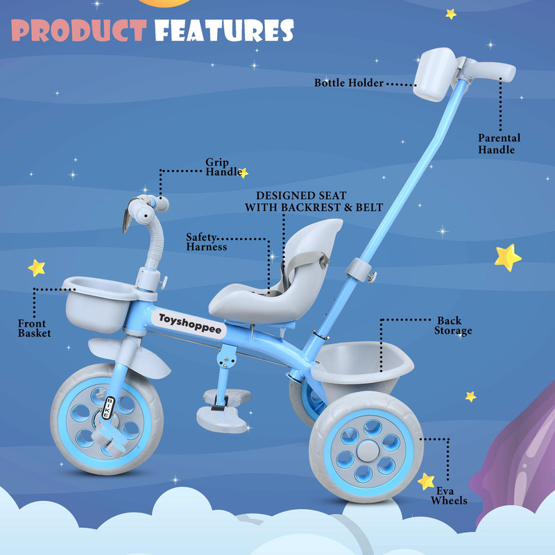 TOYSHOPPEE Sturdy Tricycle with Parental Push Handle,Leather Cushioned Seat, Stylish storage basket,Anti Slip peddles & Protective Arm Rest for 1-5 Year Kids Tricycle(Blue)