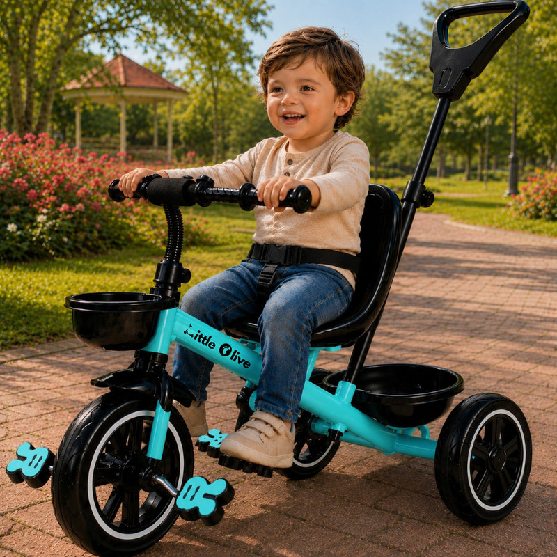Little Olive Premium Kids Tricycle with Parent Handle, Safety Belt & Storage Basket Tricycle(Light Blue)