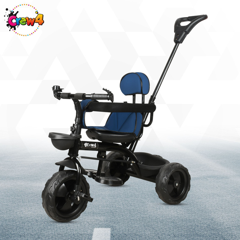 CREW4 Parent Handle Tricycle With Soft Seat,Front-Back Basket,Safety Harness,Footrest R1 WHEEL SC2 Tricycle(Black, Blue)