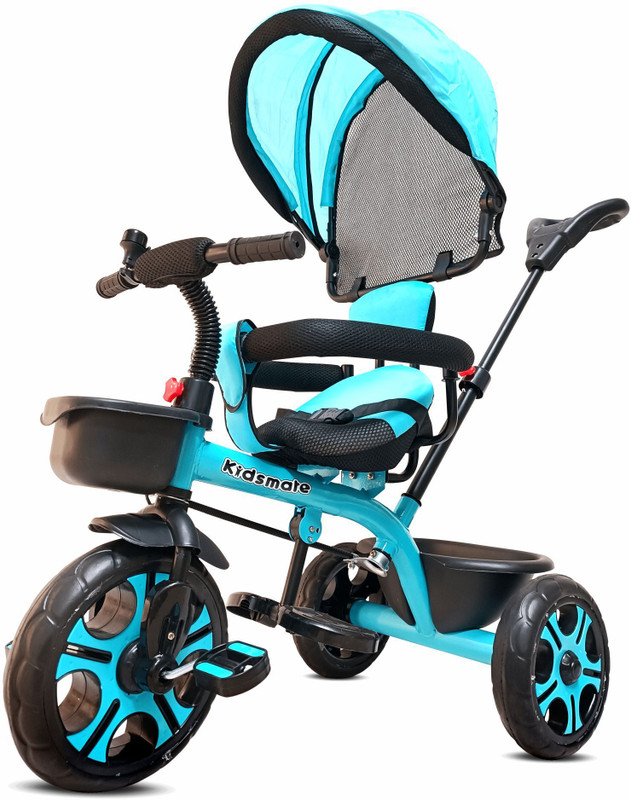 Kidsmate Champ Tricycle with Canopy Plug N Play Kids/Baby Tricycle with Safety Guard Rail | Parental Control | Fabric Cushion Seat & Bell for 12 Months to 48 Months Tricycle(Blue)