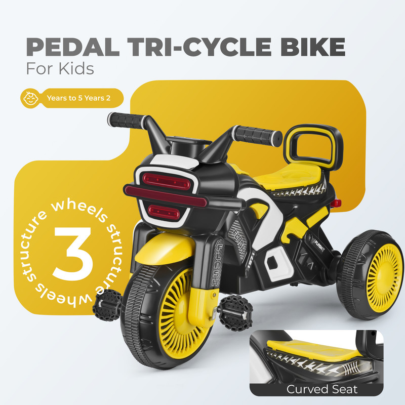 moreyaji Pedal Ride-On Toy Musical Bike Led Pedals for Toddlers Tricycle for Kids Baby Bike Battery Operated Ride On(Yellow)