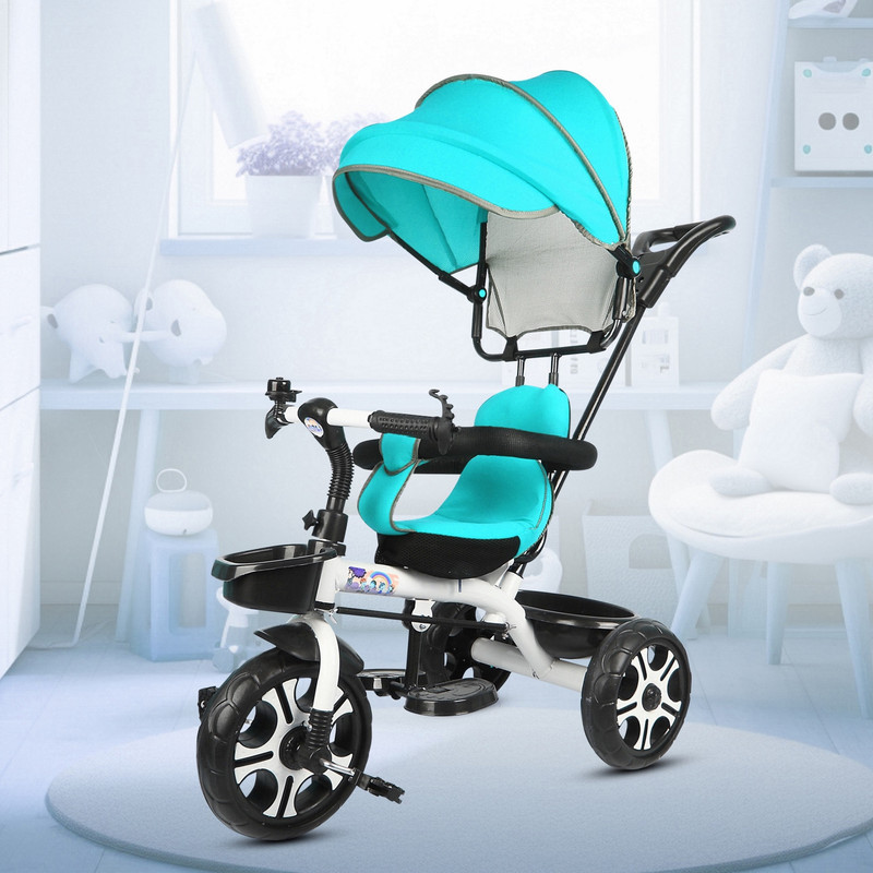TOYSHOPPEE Kids Canopy Tricycle with Soft Seat,Front-Back Basket,Parental Push Handle,Bell Sefty Canopy Tricycle for Babys with New Colours Tricycle(Green, White)