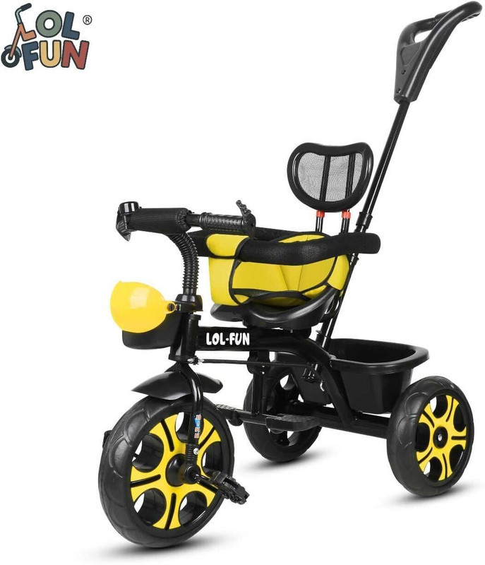 LOL-FUN Tricycle with Parental Handle | back rest and Dual Storage Basket kids foldable toddler riding Tricycle(Yellow, Black)