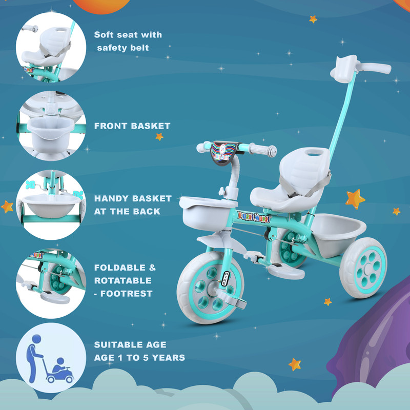 DUGGI MUGGI 1-5 Years Best Kids Tricycle with Parental Push Handle, with Cushioned Seat,Storage Basket and Safety Guardrail for Kids Tricycle(Black)