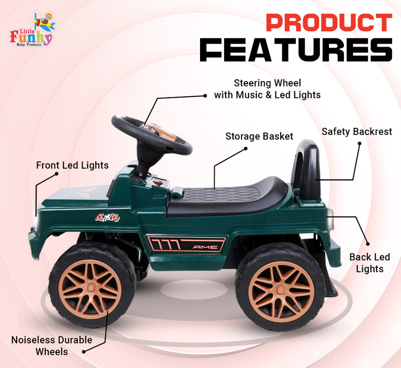 Little Funky Hummer Manual Push Car Rideon's With Light & Music Stylish 4 Wheeler For Kids 3to6 years Tricycle(Green)