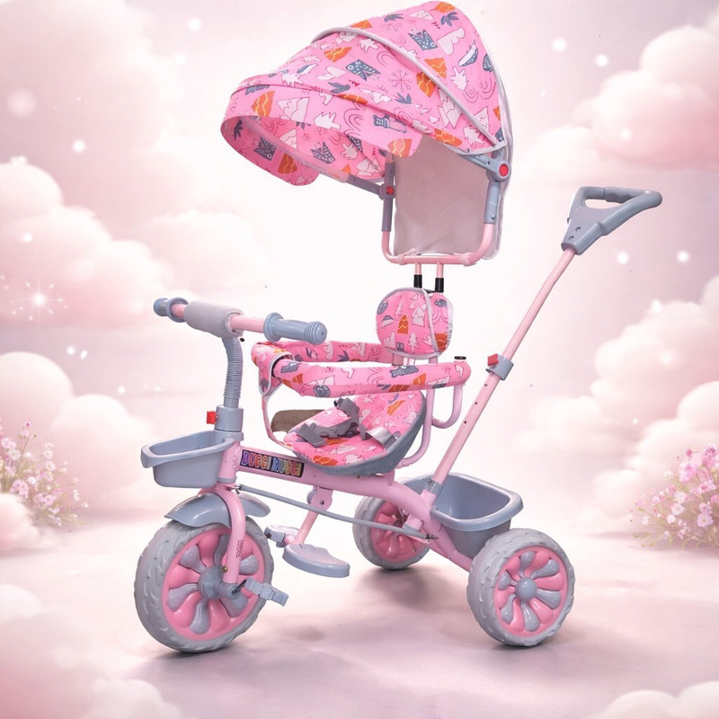 DUGGI MUGGI UV Protection Canopy,Adjustable Parent Push Handle SMART SAFE BABY TRICYCLE BABY BOYS&BABY GIRLS Tricycle(Pink)