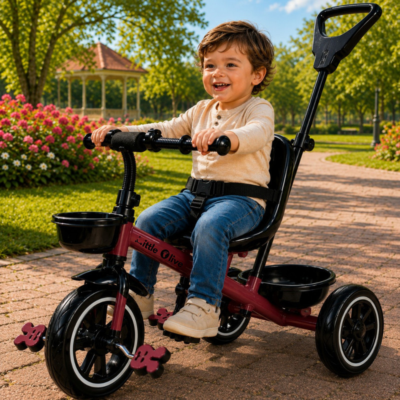 Little Olive Premium Kids Tricycle with Parent Handle, Safety Belt & Storage Basket Tricycle(Maroon)