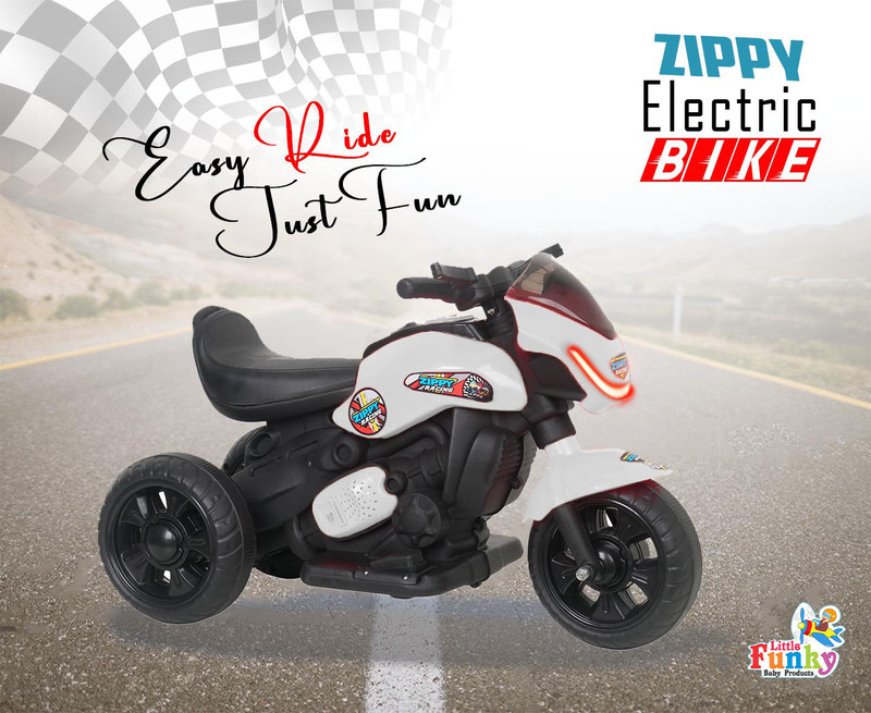 Little Funky Battery Operated Foot Accelerator Ride On OT Bike With Multicolor Lights Zippy EV Kids Battery Operated OT Bike Tricycle(White)