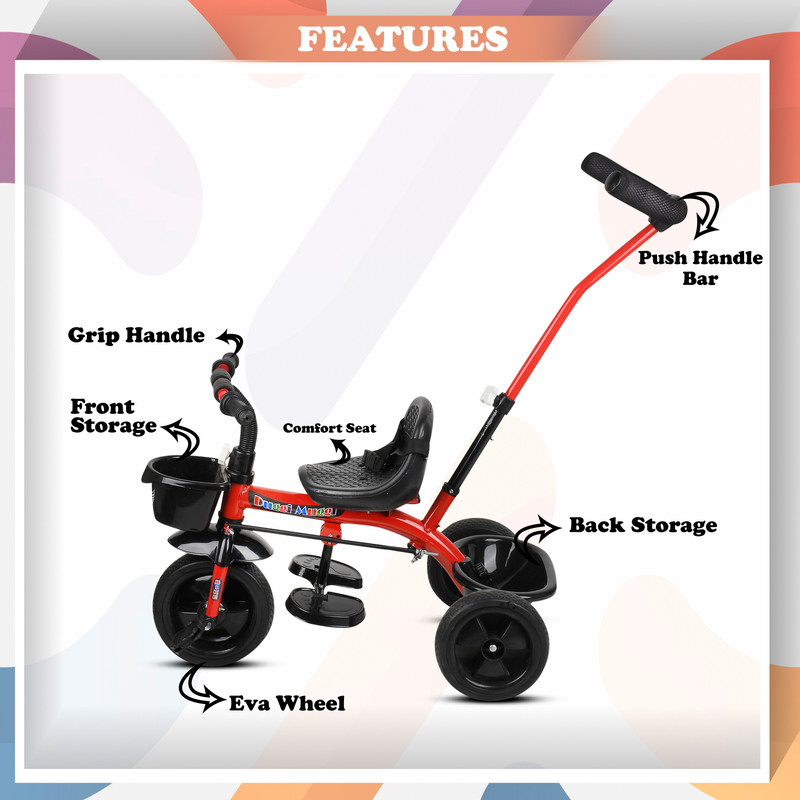 DUGGI MUGGI Kids Tricycle with Parental Push Handle for Kids| Age Group 1.5 to 5 Years R-9 Kids Tricycle Red Tricycle(Red)