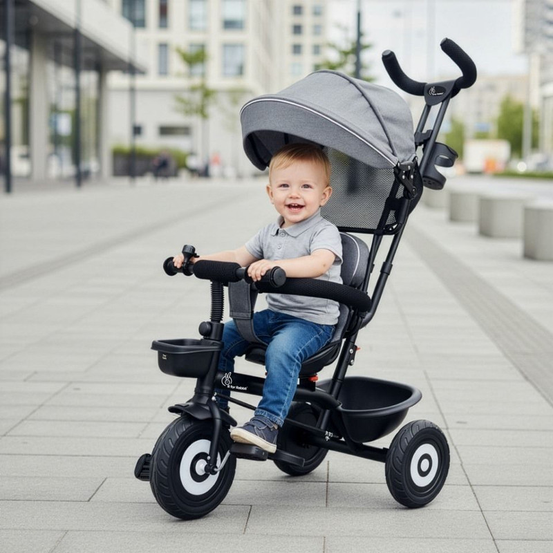 R for Rabbit Tiny Toes T40 Ace Kids Cycle with 360° Rotatable Seat, Basket and Canopy TCTT40AGB3 Tricycle(Grey, Black)