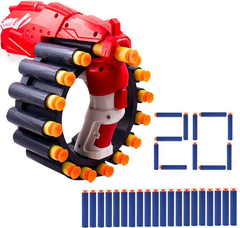 Toy Cloud Super Shoot Manual Dart Gun with 16 Dart Rotating Drum, Includes 20 Foam Darts Guns & Darts(Red, Blue)