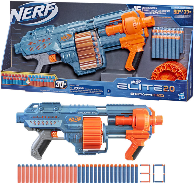 Nerf Elite 2.0 Shockwave RD-15 Dart Blaster, 15-Dart Rotating Drum, Incl. 30 Darts Guns & Darts(Multicolor)