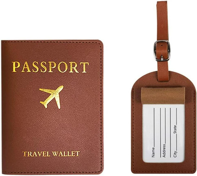 Linist Passport Holder and Luggage Tags ,PU Passport Holder Set Luggage ID Tag(Brown)