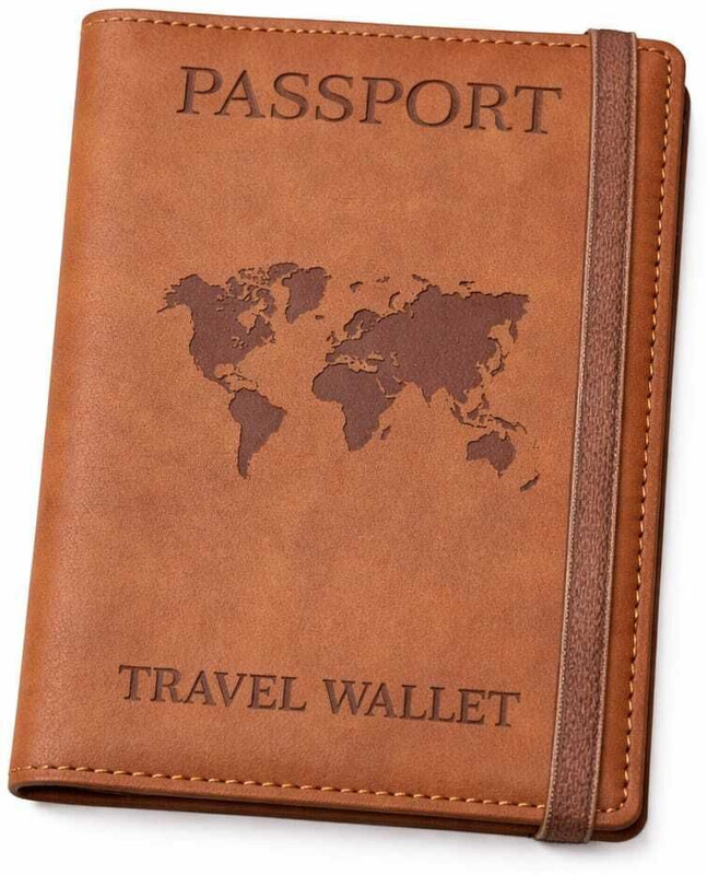 Rioon BROWN RFID Passport Cover- Leather Travel Document Organiser with Elastic Band(Tan)
