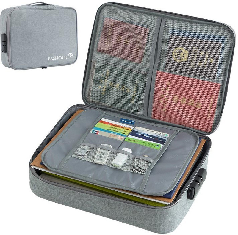 Fasholic Multi-Layer Document Bag with Lock for Laptop Passport Documents organizer(Grey)