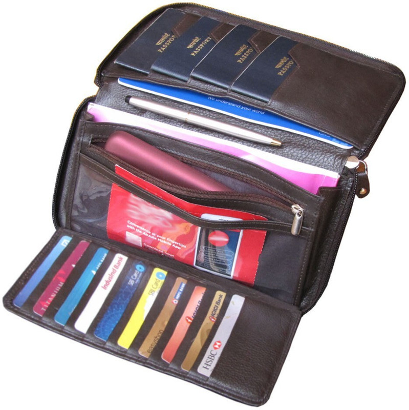ABYS Black Genuine Leather Passport Cover||Cheque Book Holder||Travel Wallet||Purse with Metallic Zip Closure(Brown)