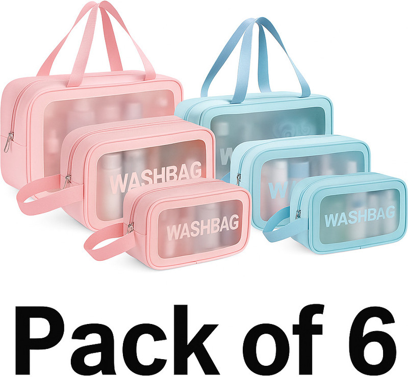Hitansh Enterprise Cosmetic Bag Pouch Transparent Pvc Wash Bag Set Of 6 Travel Toiletry Kit(Pink, Blue)