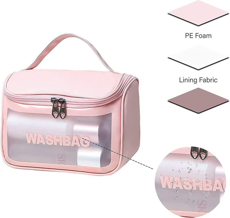 LOVHIDE Stylish Pink Wash Bag with Clear Front Panel and Easy Carry Handle for Storage Cosmetic Bag