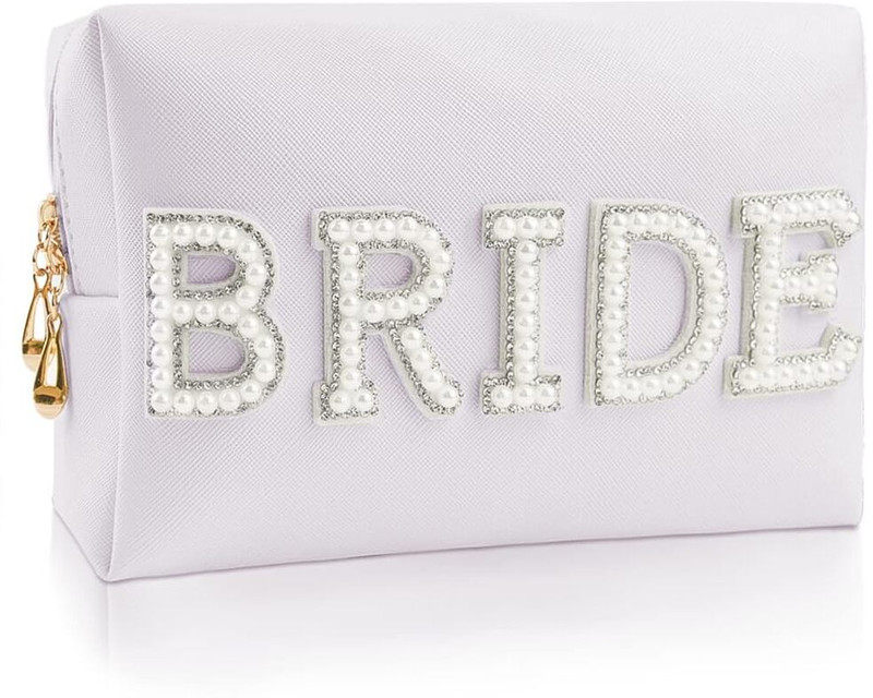 ELEPHANTBOAT Bride Letter Makeup Bag White Pearl Rhinestone Travel Toiletry Pouch Bridal Gif Cosmetic Bag