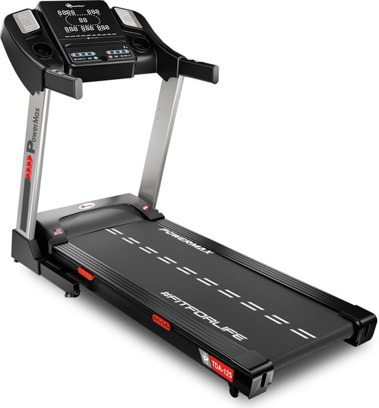 Powermax Fitness TDA-125 5HP DC Motorised Cardio Machine, Speaker, BMI, AUX,15 Lvl. Auto Incline Treadmill (Max Weight:130 kg)