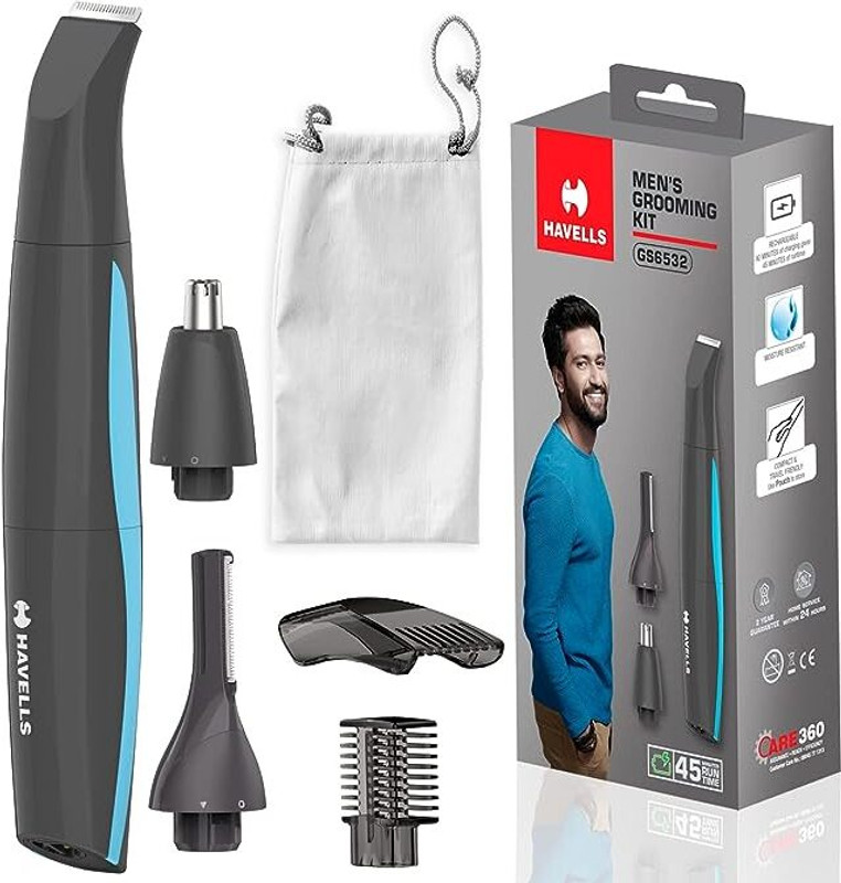 HAVELLS GS6532 5-in-1 Men's Grooming Kit with Protective Combs, Rechargeable Grooming Kit 45 min Runtime 4 Length Settings(Grey)