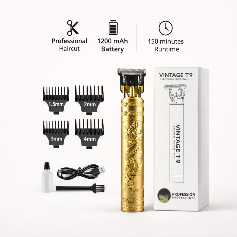 Vintage T9 Precision Groom Pro Series Trimmer Model 12 for Men X X X X X Trimmer 60 min Runtime 4 Length Settings(Gold)