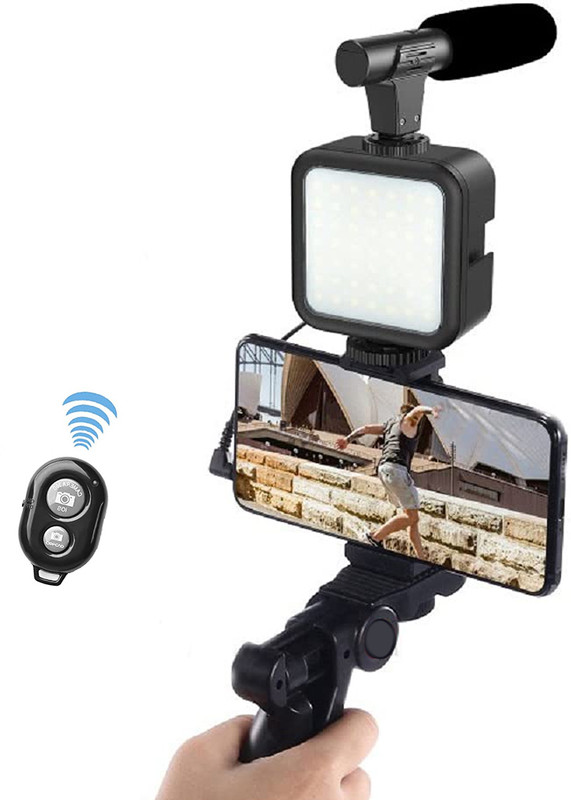 AMUSING Youtuber Accessories for Mobile with Light, Microphone,Tripod Stand Vlogging Kit Monopod Kit, Tripod Kit(Black, Supports Up to 1500 g)