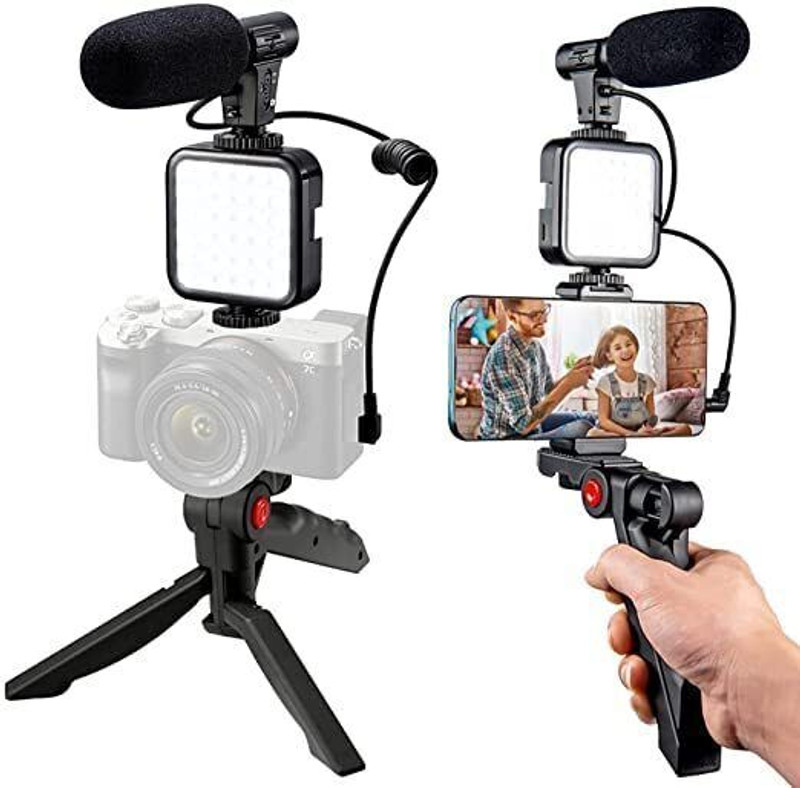 Nivara Vlogging Kit for Video Making, Mic, Mini Tripod Stand, LED Light Monopod Kit(Black, Supports Up to 1500 g)