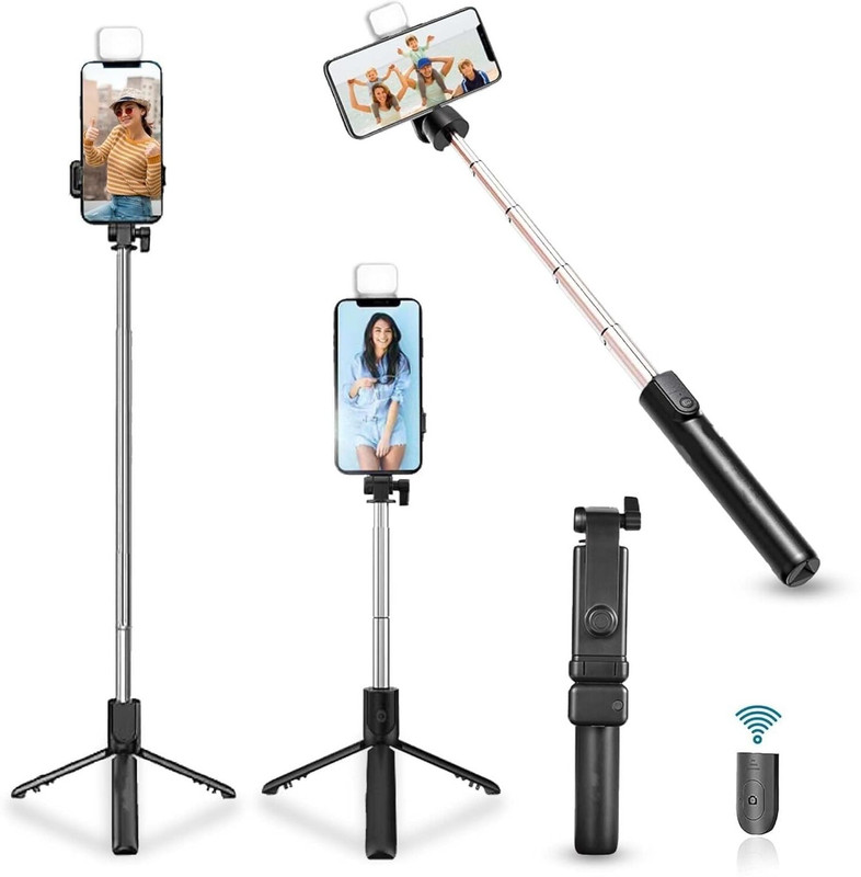 PowerPro Selfie Stick with Wireless Remote & Tripod Stand – Compatible with iOS & Android Monopod, Tripod(Black & Single Led Light, Supports Up to 400 g)