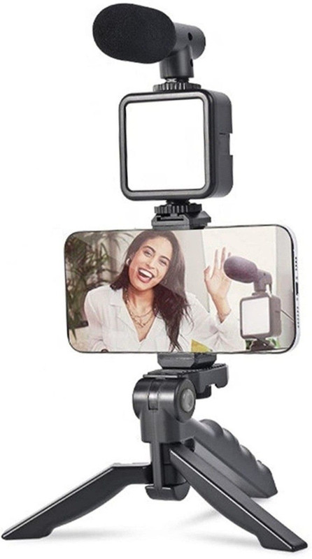 Nivara AY-49 Vlogging Kit with Remote, Mic, Tripod Stand, LED Light, Phone Holder Clip Monopod, Tripod Kit(Black, Supports Up to 1000 g)