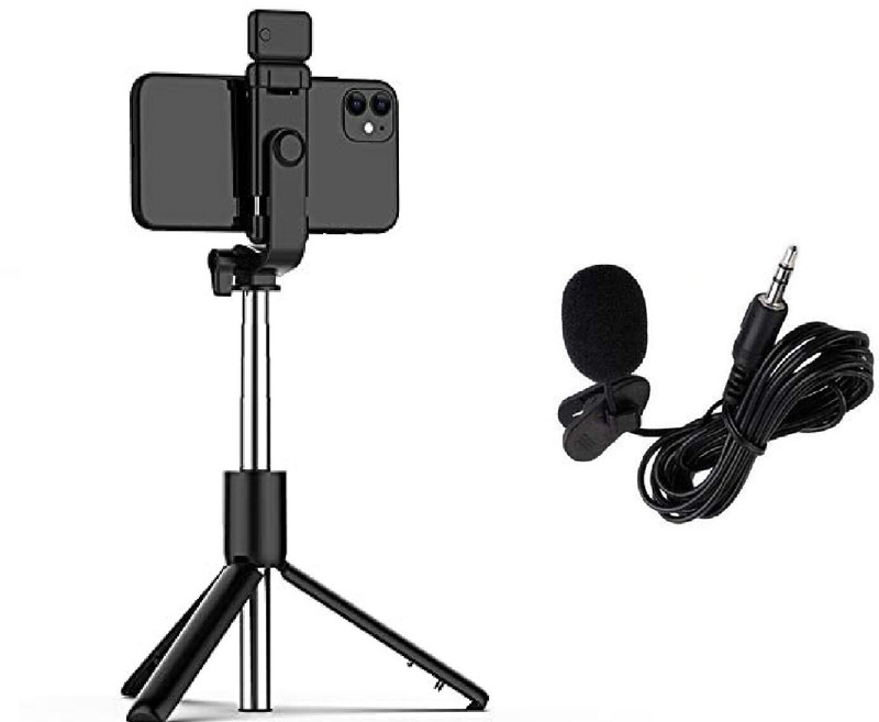 SANNO WORLD SELFIE STICK/TRIPOD WITH MIC COMBO WITH UNIVERSAL COMPATIBILITY Monopod, Tripod(Black, Supports Up to 400 g)