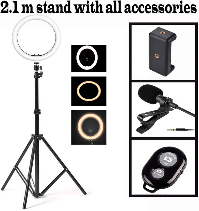 APENTERPRISES Heavy Duty 10 " flash light ,2.1 m stand ,Holder,Collarmic,Remote control ,reels Monopod, Monopod Kit, Tripod, Tripod Ball Head, Tripod Bracket, Tripod Kit(Youtube , voice recording ,video recording ,(Black), Supports Up to 2000 g)