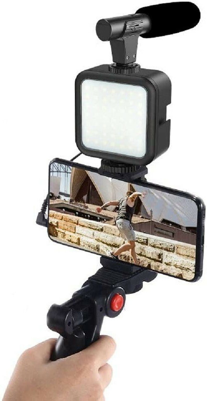 Nivara Vlogging Kit with Mic and Light for Smartphone Monopod, Tripod Kit(Black, Supports Up to 1000 g)