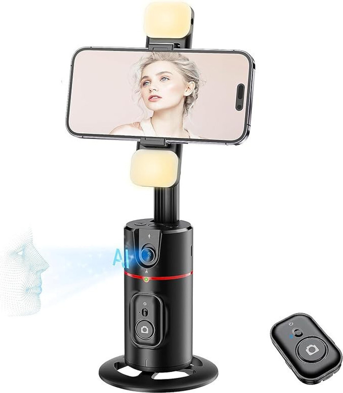 Cubonic SnapMotion 360° AI Camera Mount with Gesture Control No App Need Monopod(Black P02 with Fill Lights, Supports Up to 250 g)