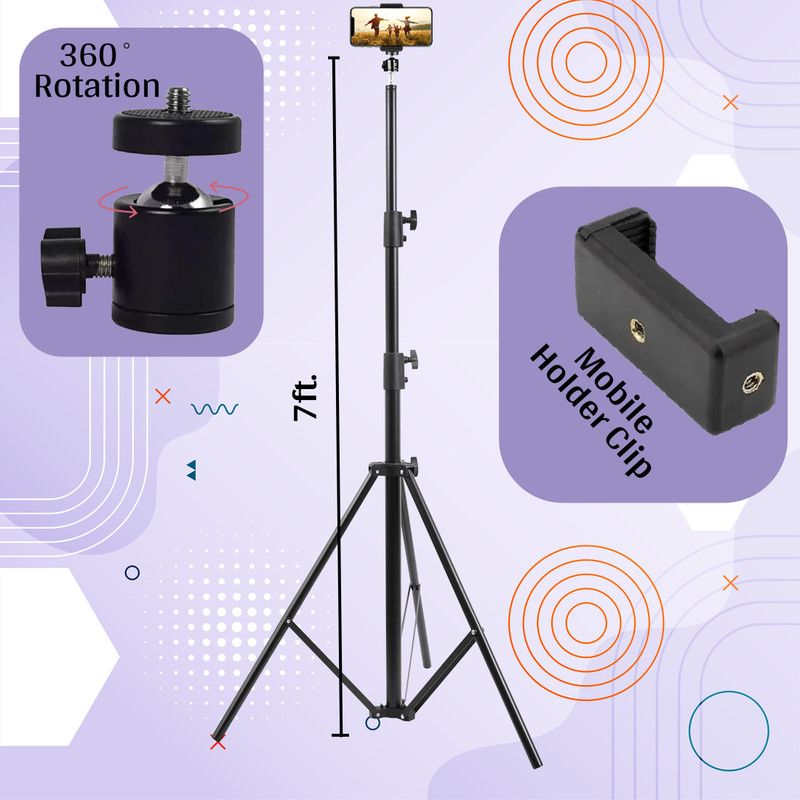 dogger Lightweight 7 Ft Long Tripod Stand with Mobile Holder Clip & 360 Degree Rotating Tripod Ball Head(Black, Supports Up to 5000 g)