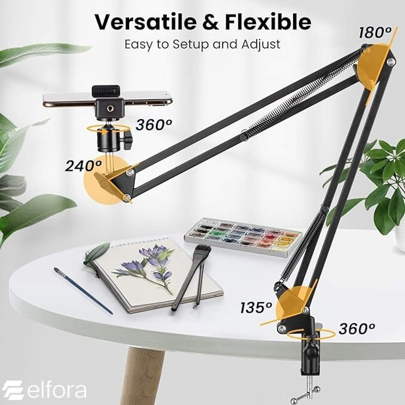 FDS A7 Overhead Tripod Camera Stand 360 Degree Mobile Holder Cell Phone Stand | Tripod Ball Head(Black, Supports Up to 1000 g)