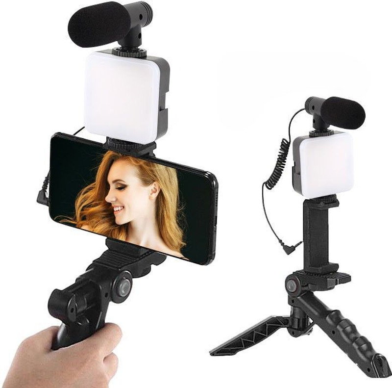 Nivara Brand New Vlogging Kit Camera Phone Tripod Led Light Selfie Stick and Microphone Tripod Kit(Black, Supports Up to 2000 g)