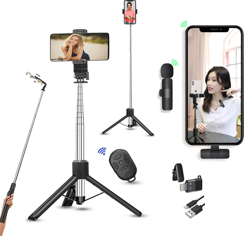 USTINE TriProX5 (Combo with Wireless Lavalier K8 Mic) Selfie Stick with Tripod Stand, Tripod Kit(TriProX5 + k8 Mic, Supports Up to 1999 g)