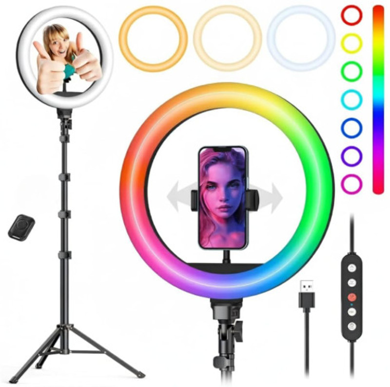 airtech Strong metal Black tripod stand with RGBring light for phography and videoTripod Tripod Kit, Tripod, Monopod(Black, Supports Up to 1999 g)