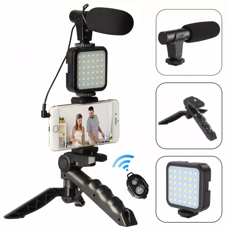 smooth life Vloging Tripot Kit With Led Light, Mic, Phone Holder,tripod Compatible Tripod Kit(Black, Supports Up to 2000 g)
